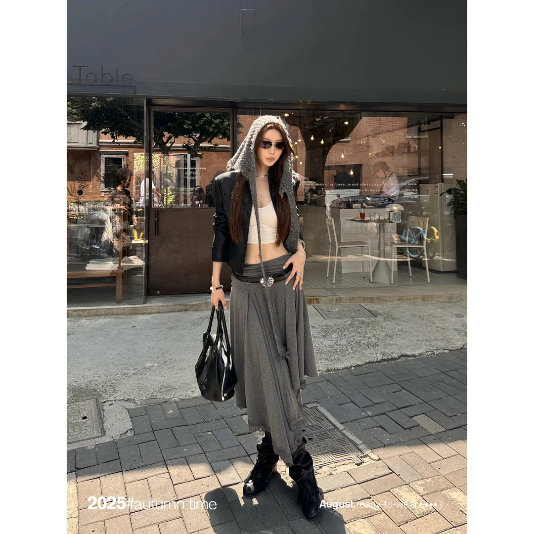 SUNONEONE【慵懒灰调】秋季抽褶腰部不规则下摆蕾丝半裙女-D0316Q