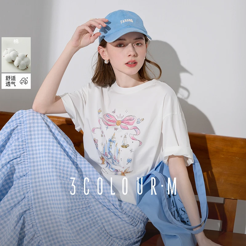 三彩2025夏季新款童话T恤趣味印花圆领宽松落肩袖上衣套头衫M
