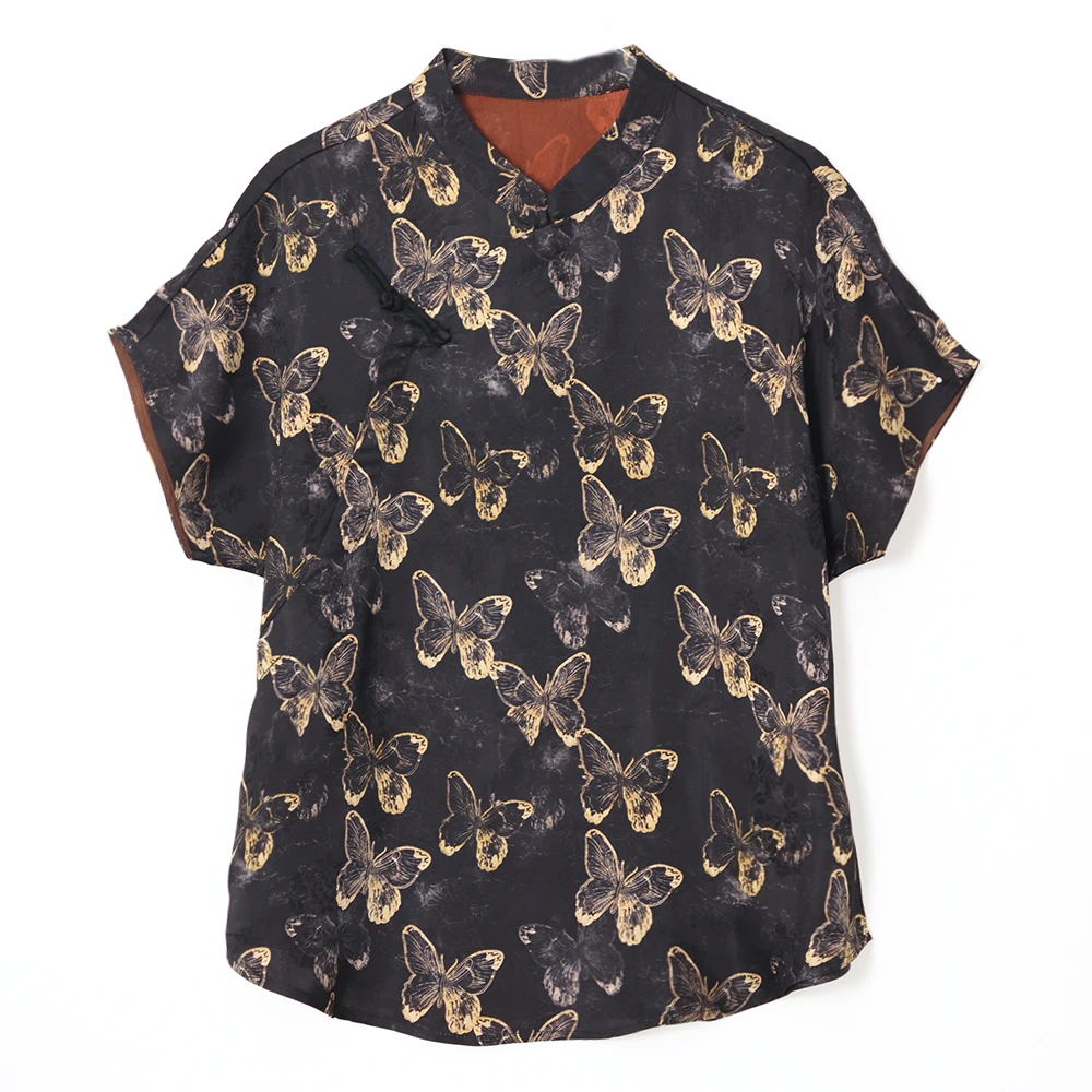 棉叙【清仓】人丝改良中式套衫女夏季蝴蝶立领短袖上衣15837