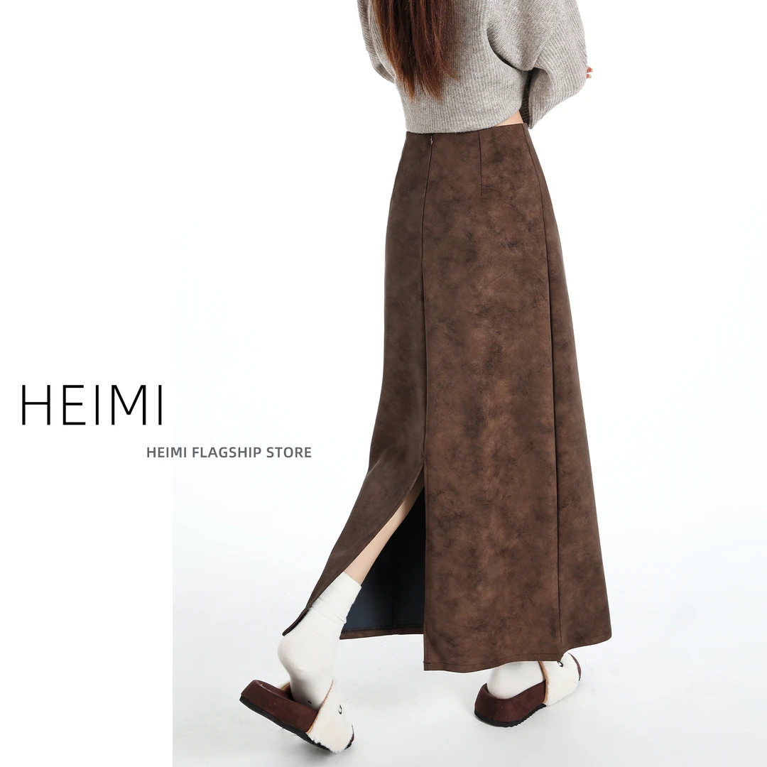 咖色pu皮半身长裙女秋冬季高腰后开叉中长裙设计感扎染a字直筒裙