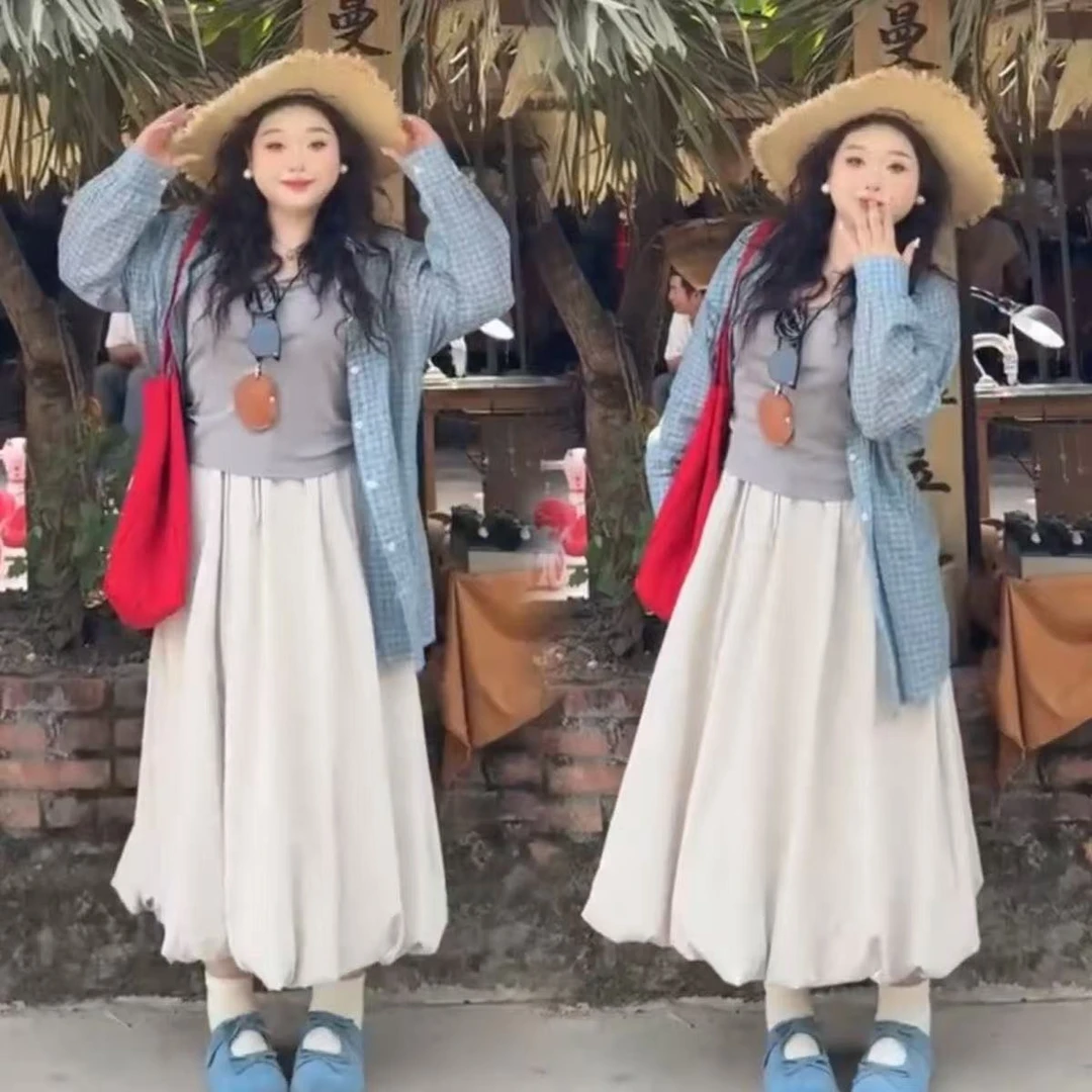 格子衬衫百搭背心超仙花苞半身裙2025爆款清新大码显瘦遮肉三件套