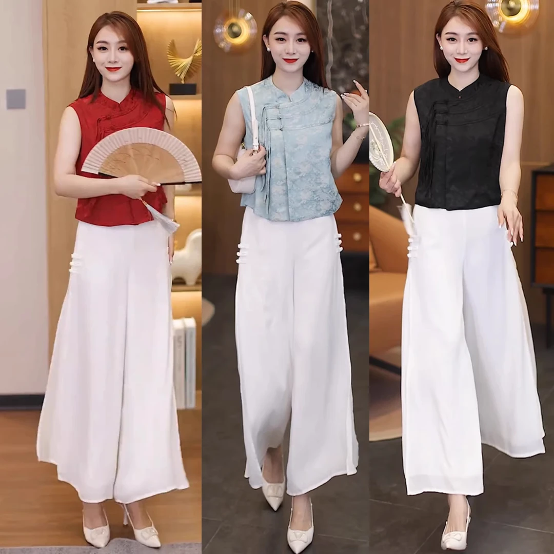 新中式国风套装女2025夏新款洋气显瘦无袖盘扣衬衣阔腿裤两件套潮