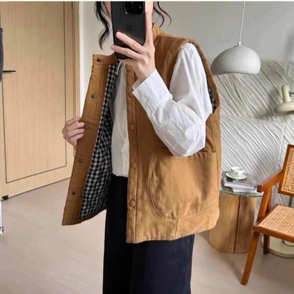 【云补6】夹棉马甲女日杂风新款复古宽松小个子立领叠穿短款背心