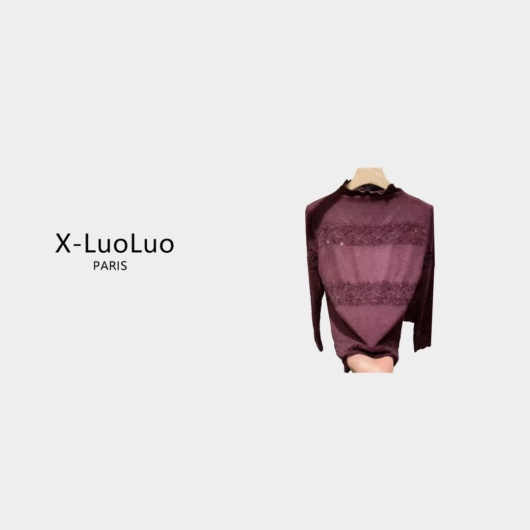 【X-LuoLuo洛洛】蕾丝植绒重工镶钻新款长袖打底衫女时尚气质百搭