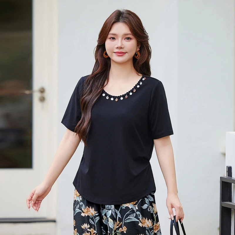 【度假贝壳织带捏褶上衣】MsShe大码女装秋装正肩短袖T恤E2503057