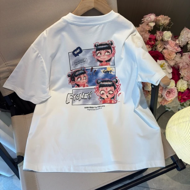 男大童白色短袖T恤衫夏季新款宽松休闲卡通数码印花透气吸汗半袖