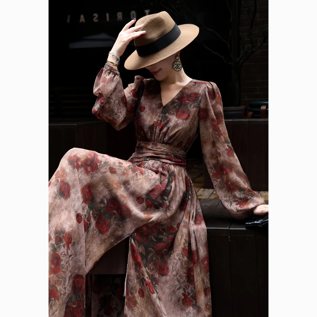 ZEROYK法式优雅连衣裙女2025秋季新款设计感复古渲染印花收腰长裙