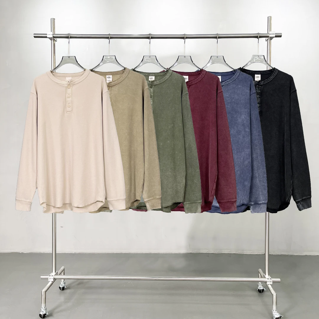 325g美式vibe复古亨利衫卫衣春秋华夫格水洗蜡染宽松长袖打底T恤