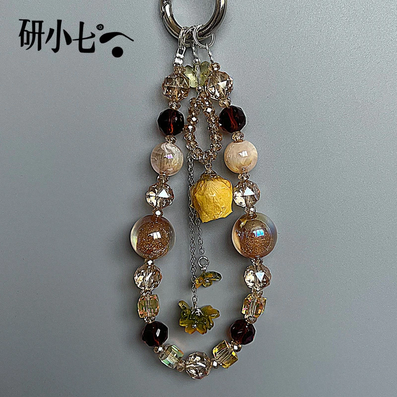 研小七棕色手机链串珠挂件干花手工创意手机挂饰防丢水晶钥匙A095