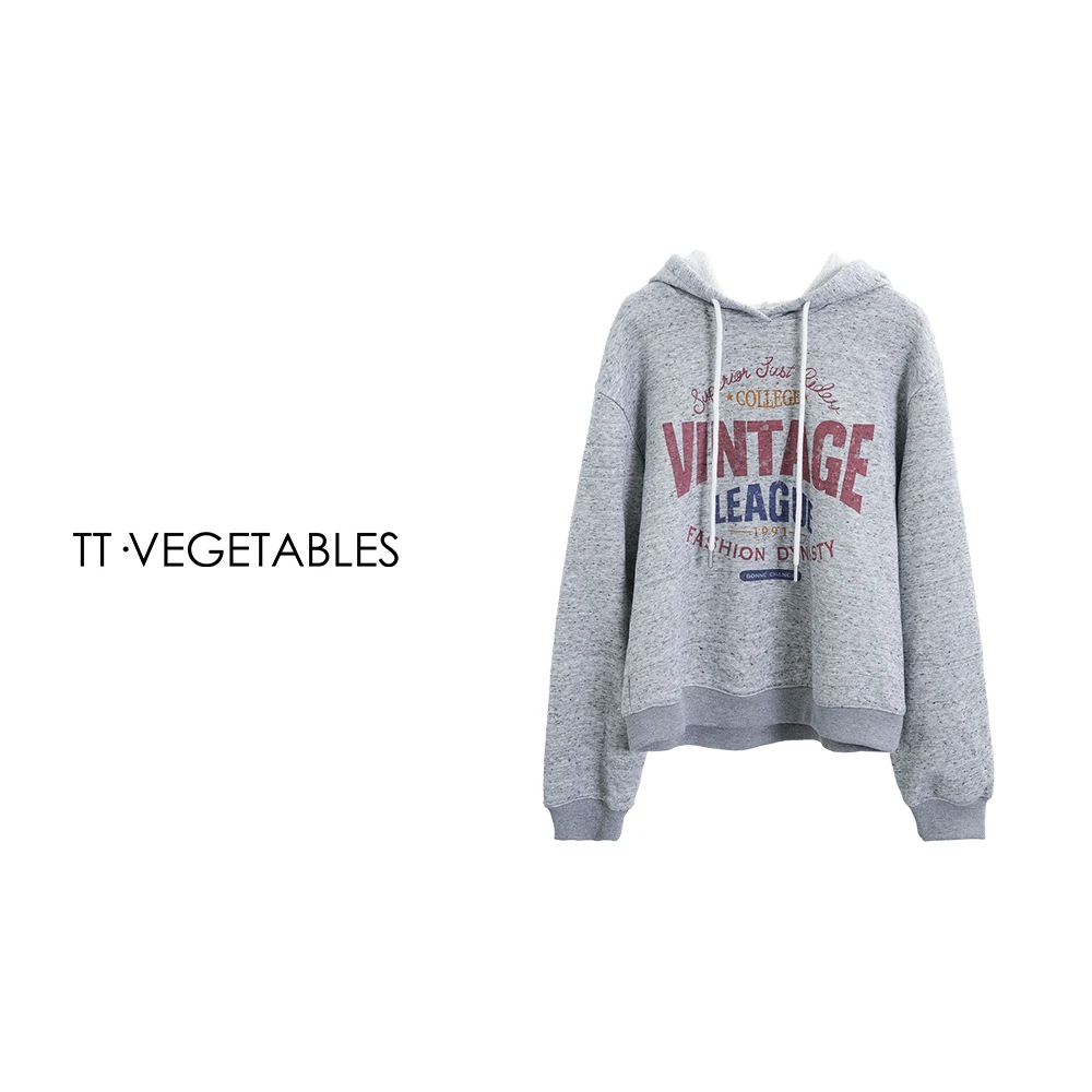 TT・VEGETABLES【序白】司诺 纯棉灰色连帽卫衣长袖印花上衣521111