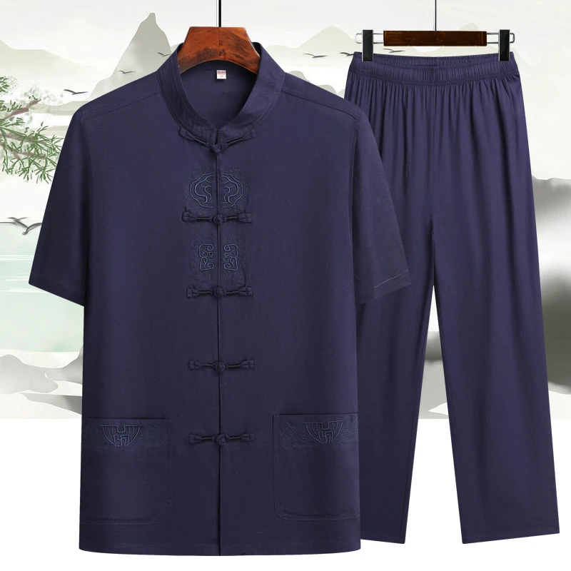 【高端亚麻唐装】恒源祥彩羊中老年唐装男士国风夏季短袖套装爸爸装