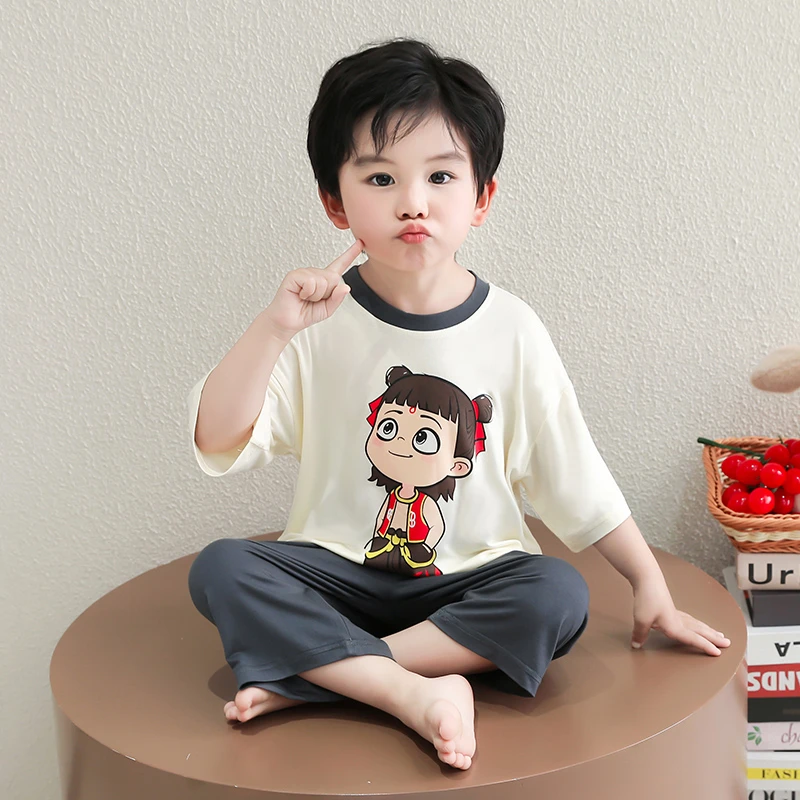 儿童睡衣夏季薄款哪吒莫代尔男孩宝宝卡通空调服男童空调房家居服