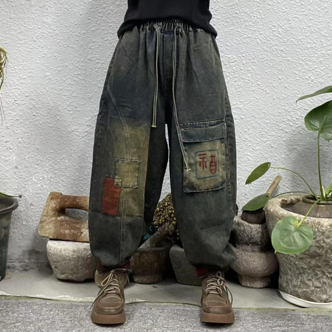 740左膝盖口袋绣红福右腿红花贴布炒色牛仔裤（长94臀围132脚口36