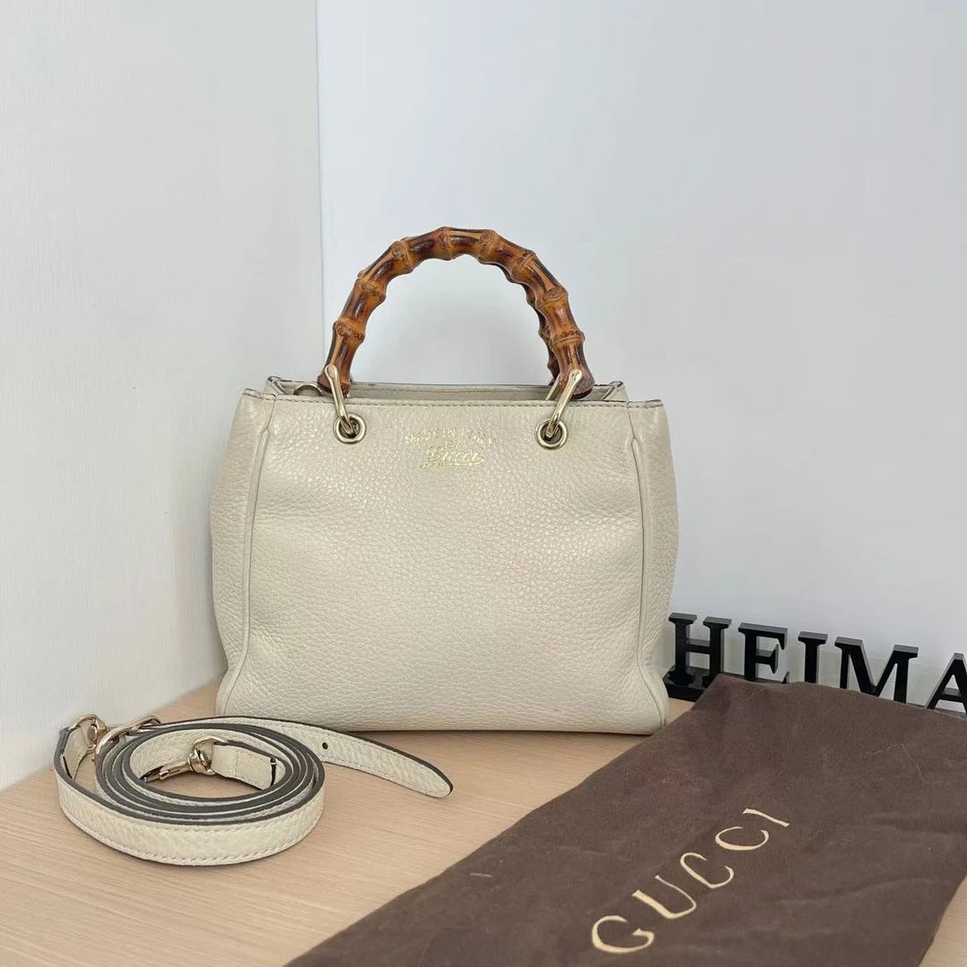 95新 GUCCI/古驰 12130339 Gucci竹节手提包白色 20.5*25.5