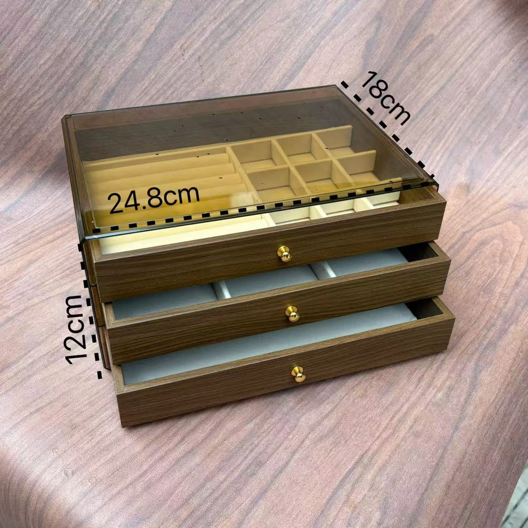 大三层高档精致胡桃木纹大三层耳钉饰品头饰手饰桌面收纳盒
