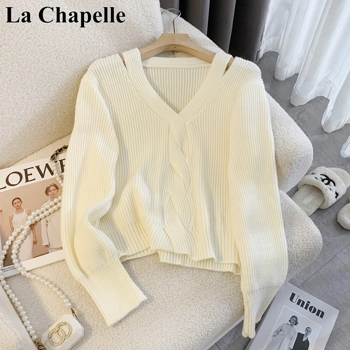 拉夏贝尔秋季新款简约甜美风V领长袖上衣百搭保暖针织衫打底衫女
