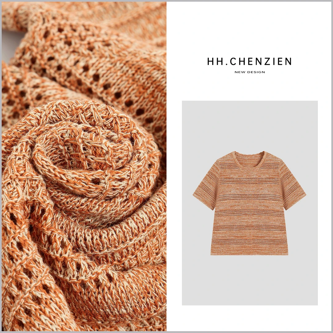 【黑黑家】“落日晚霞”夏季新款女款圆领镂空设计显瘦时尚针织上衣