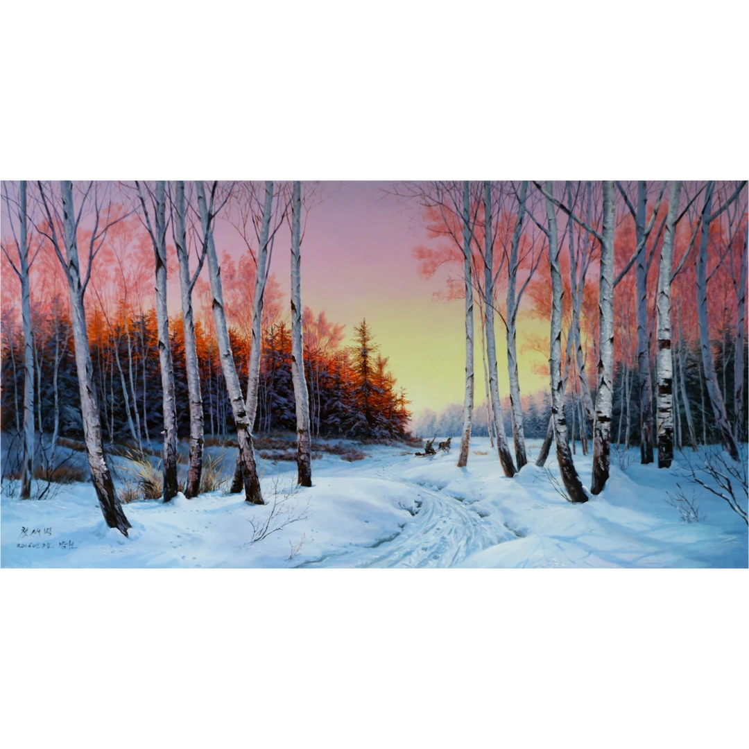 手绘油画原稿写实油画朴哲《雪林》