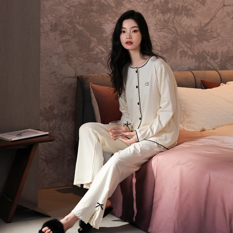 熙泊品有带胸垫家居服女款爆款2025新款纯棉爆款春秋季可外穿睡衣