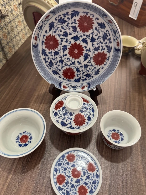 景德镇陶瓷青花釉里红缠枝莲五件套