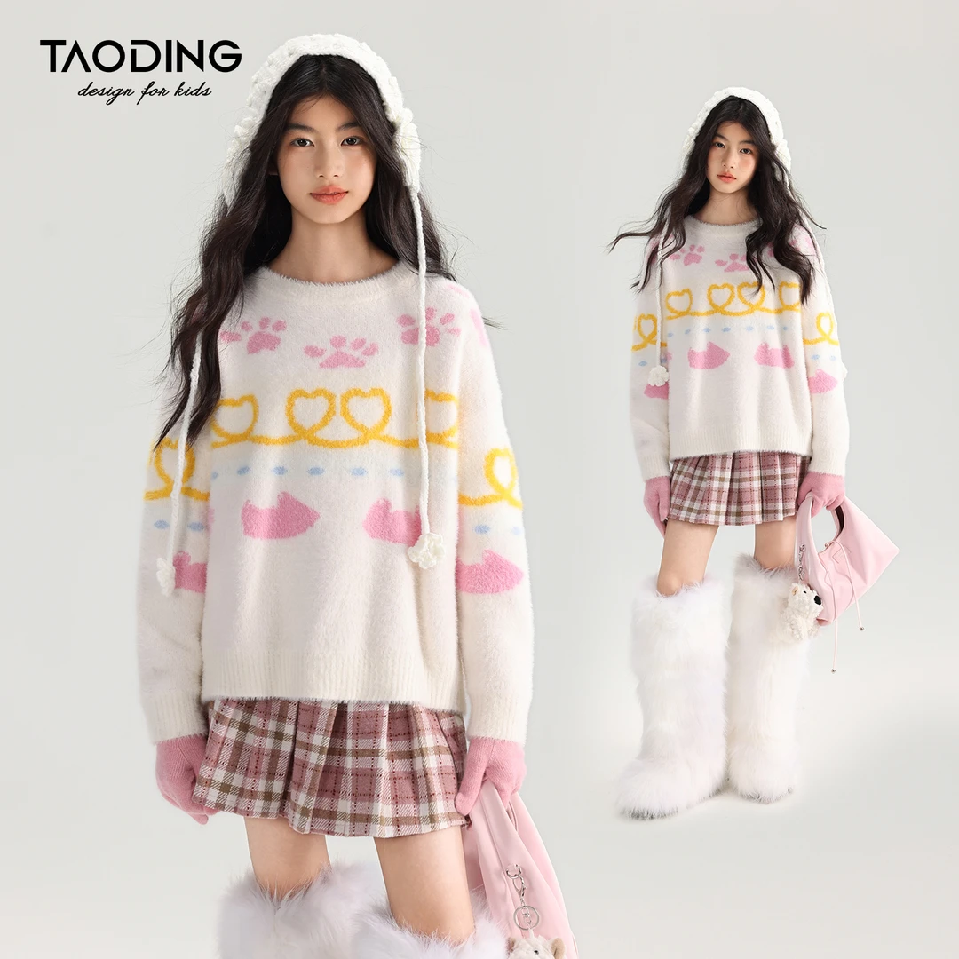 淘町女童猫爪水貂绒毛衣秋冬加厚可爱中大儿童洋气打底针织衫上衣