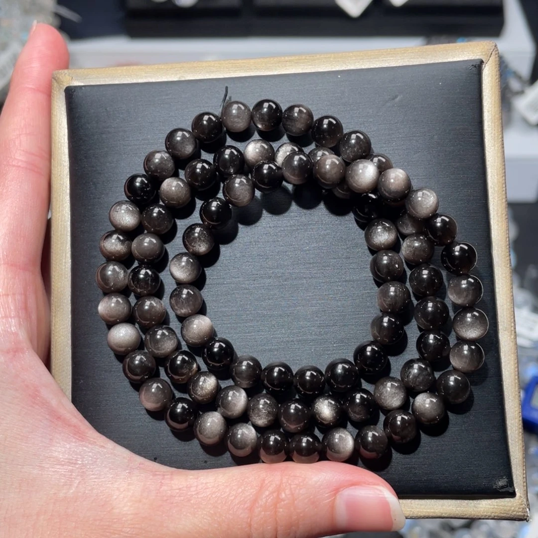 黑曜岩未镶嵌手链多圈银曜石6.5mm