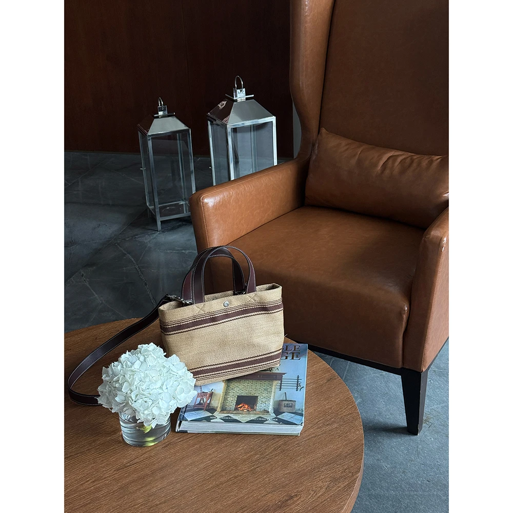 SHIIEELL现货 时尚精致复古百搭气质撞色单肩条纹布手提包W1046