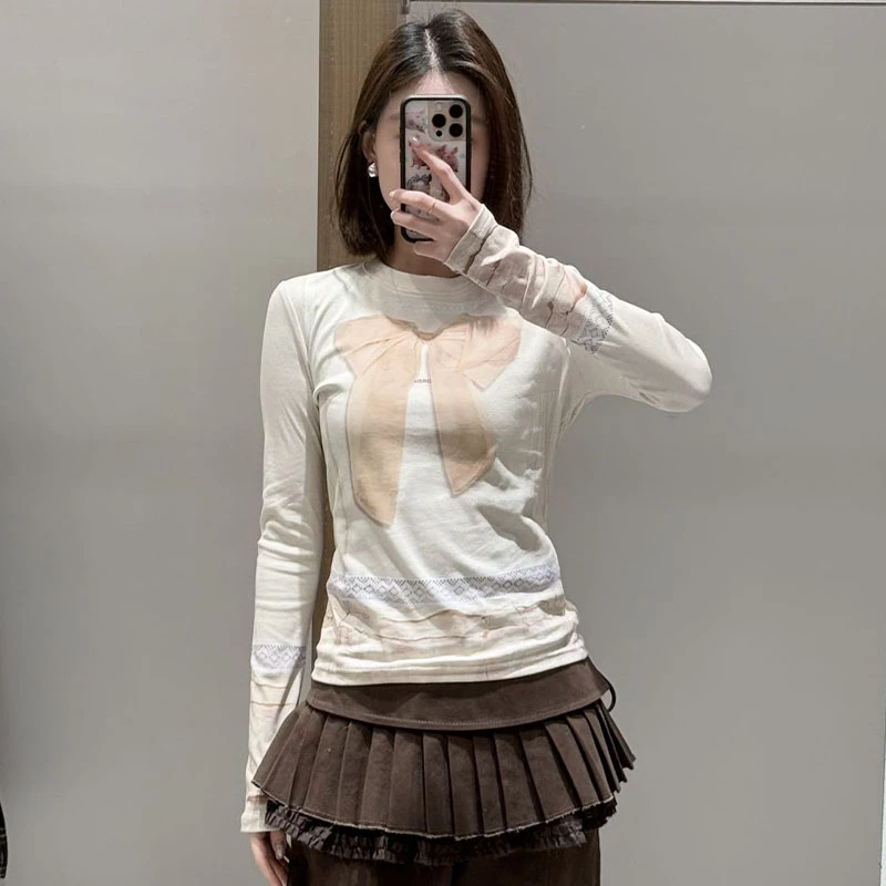 【现货】FORDARE/福蝶26春季设计师新品蝴蝶结3D感印花打底衫上衣