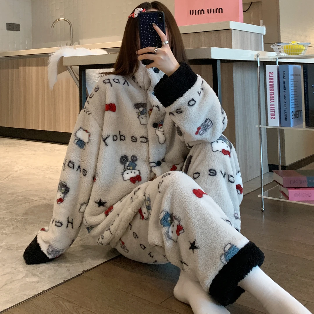 加绒加厚睡衣珊瑚绒秋冬季套装女2025新款保暖高领卡通大码家居服