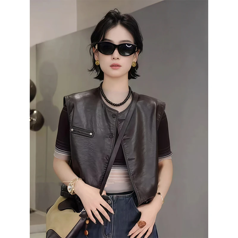 复古PU皮马甲女短款2025秋季新款韩版时尚休闲机车服坎肩马夹外套