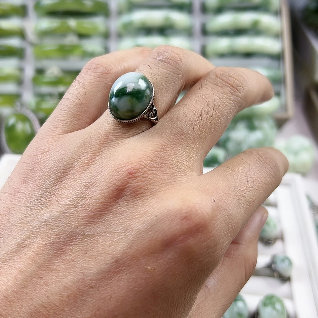 蛇纹石玉银S925镶嵌戒指