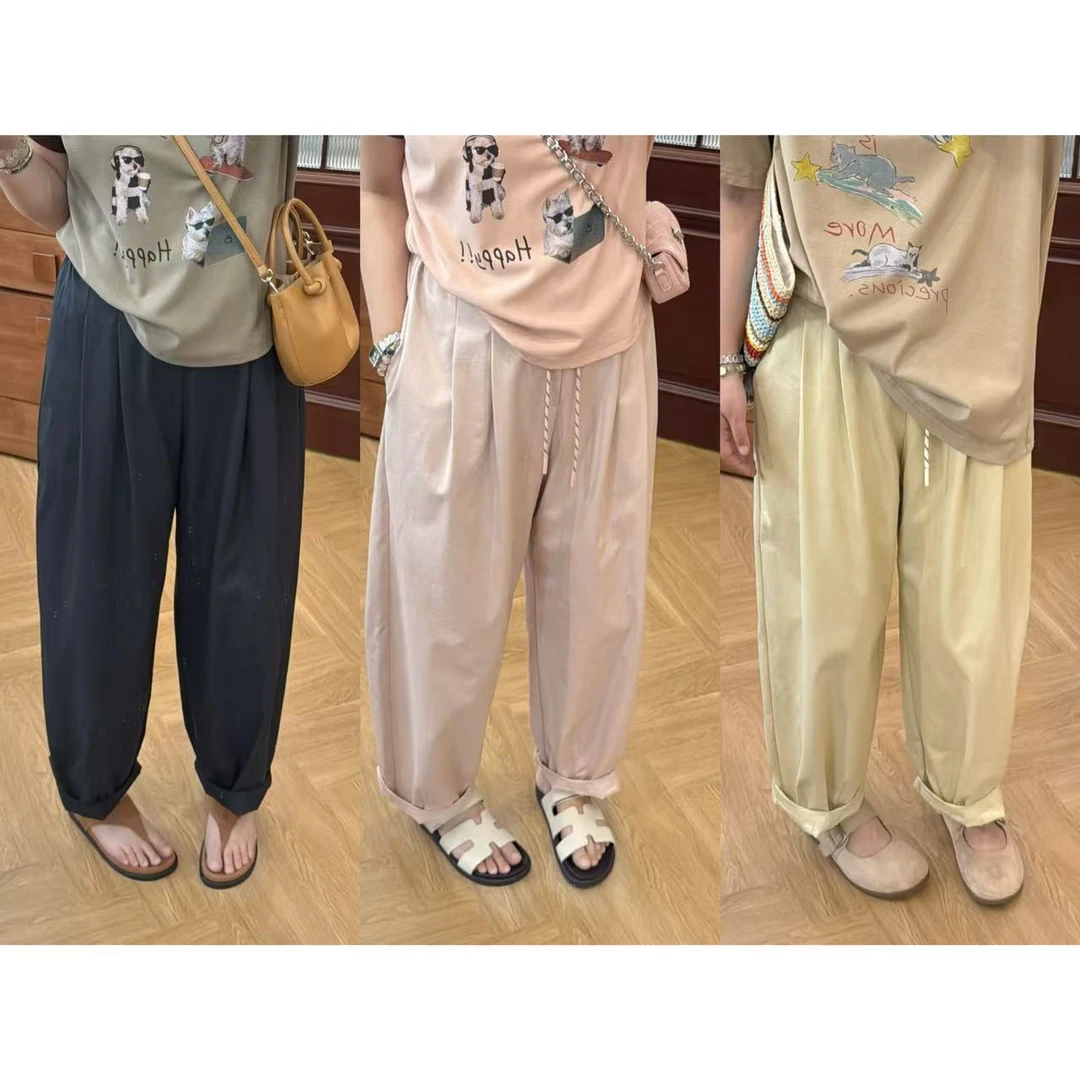 晶咕佳佳【脆脆桃汁】半松紧撞色抽绳设计感休闲裤百搭薄款