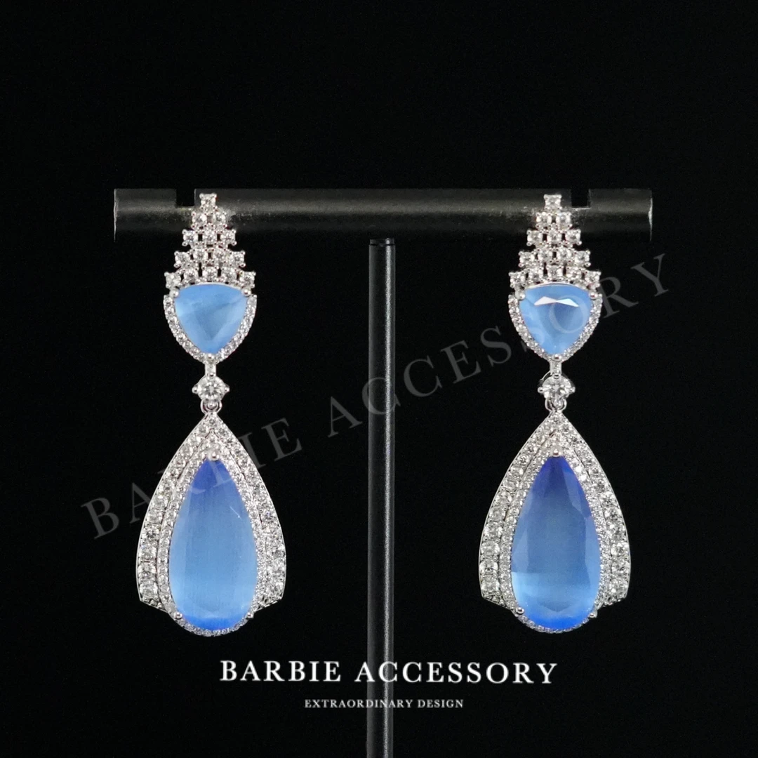 铜合金合成锆石耳饰 【蓝幽光河】时尚轻奢设计款高级绝美百搭耳饰