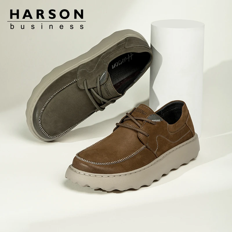 哈森工装鞋春秋季户外百搭商务休闲男士皮鞋英伦厚底真皮大头鞋男