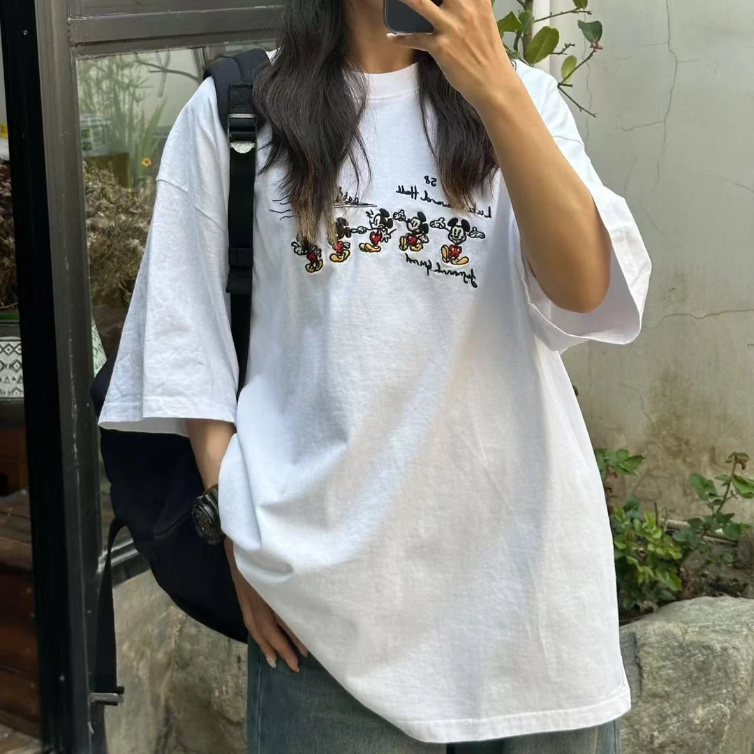 【小惜亦】米奇宽松女t恤慵懒2025新款夏显瘦遮肉纯棉半袖落肩袖