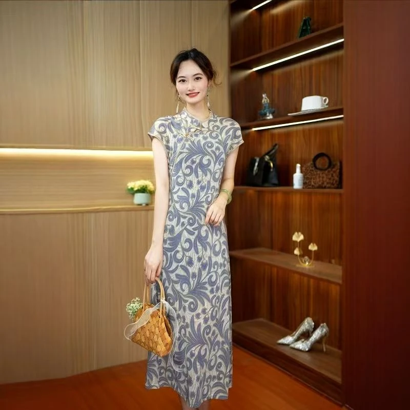 A-227夏季新款斜门襟弹力中式旗袍连衣裙时尚减龄显瘦洋气裙子