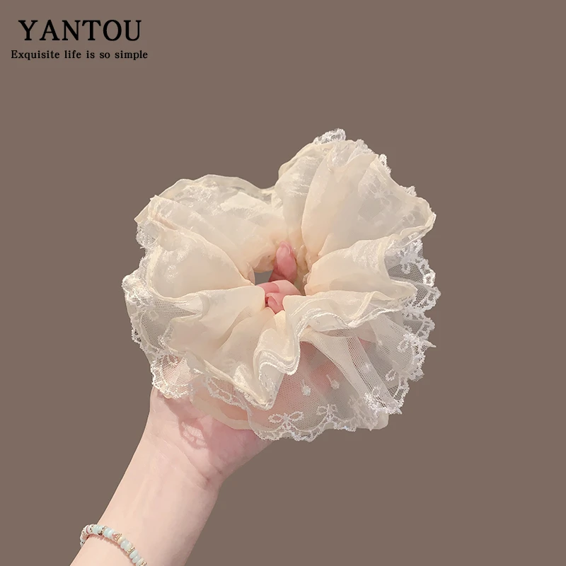 法式米色气质蕾丝花边多层大肠发圈女2025春夏低马尾大号发饰头绳