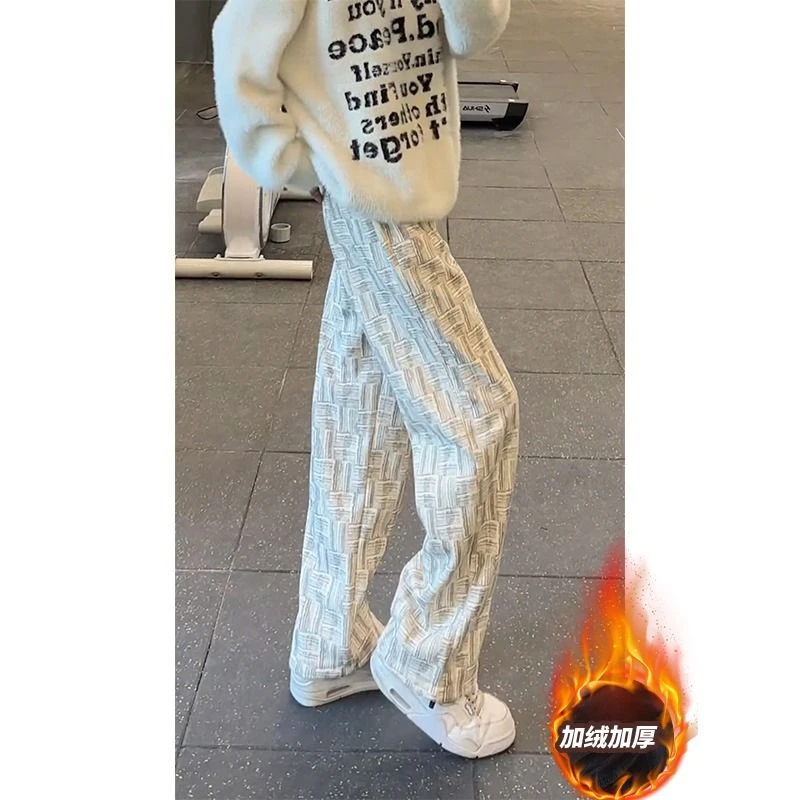美式复古灯芯绒格子裤男冬季加绒加厚垂感直筒休闲裤宽松阔腿卫裤