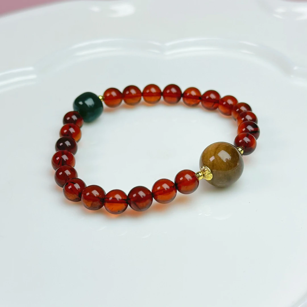 佳璐珠宝天然缅甸血珀7+根珀13+手链单圈设计款手串女款红色轻奢