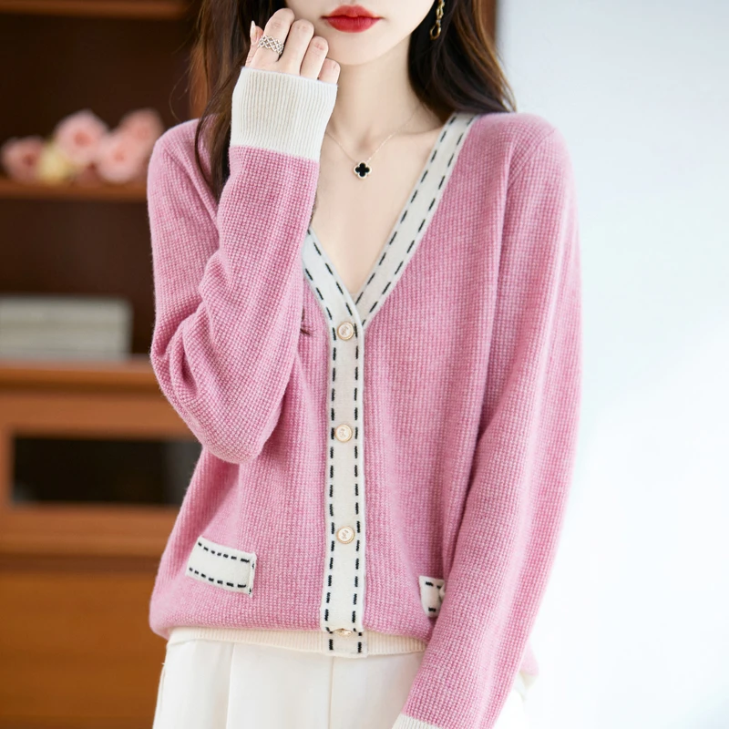 羊毛开衫女V领拼色秋冬小香风桂花针宽松外套羊毛衫上衣DMR234