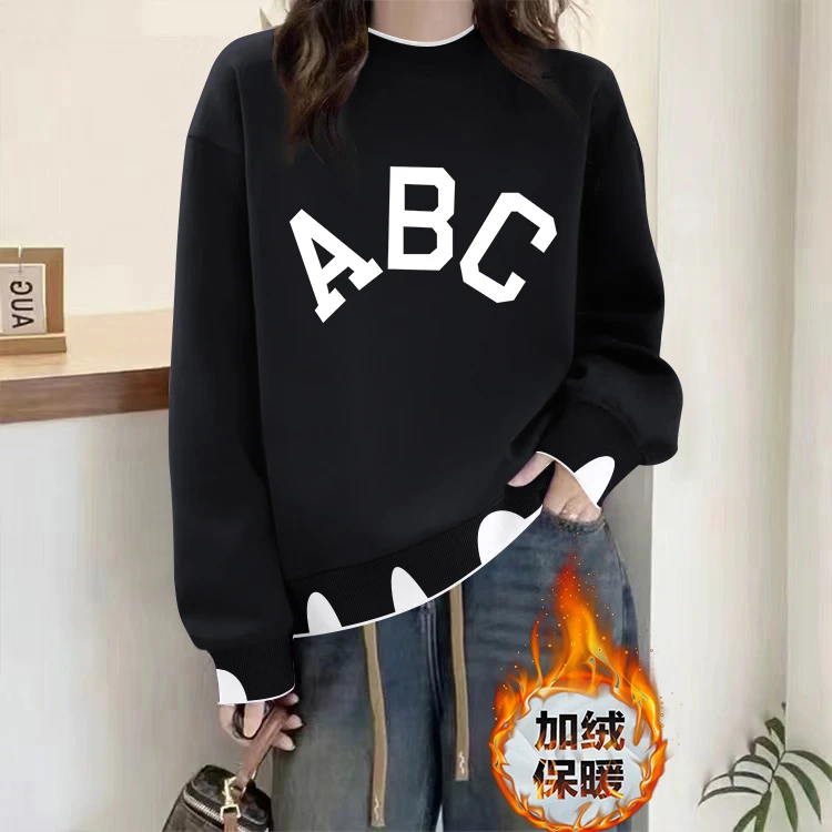 长袖梨形穿搭百搭宽松加绒加厚女款卫衣上衣女装时尚保暖秋冬季