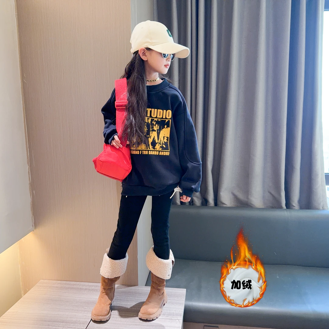 女童加绒卫衣2025冬装新款儿童保暖一体绒套头衫加厚中大童衣服潮