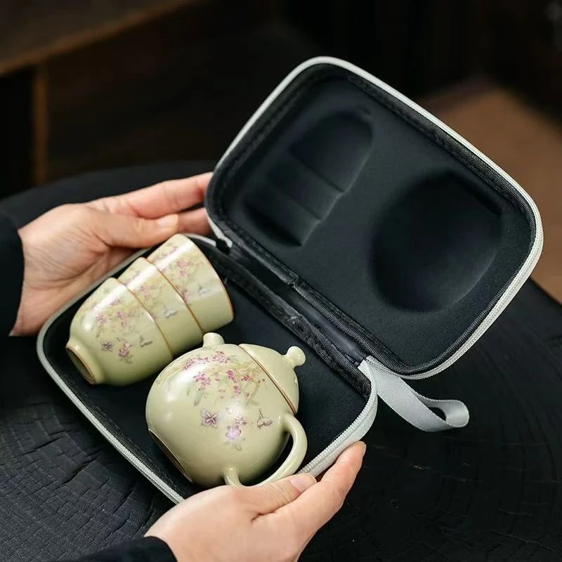 LX629紫藤花汝窑一壶三杯旅行茶具