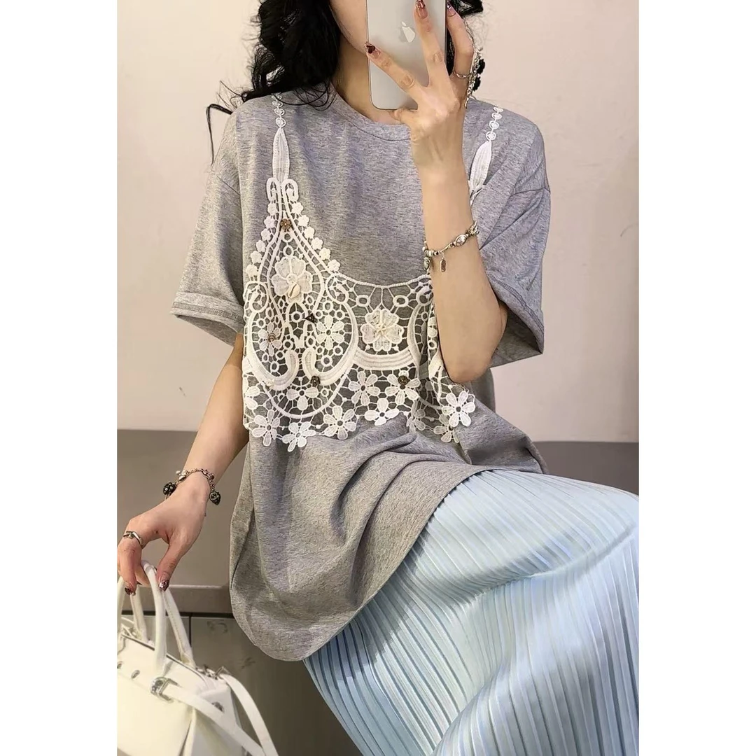KIKI严选：71038-CC家欧货南油夏季蕾丝假两件短袖T恤洋气上衣