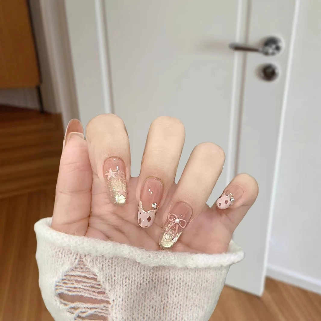 星星豹纹手工穿戴甲高级感法式蓝色爆闪猫眼简约温柔可拆卸穿戴甲