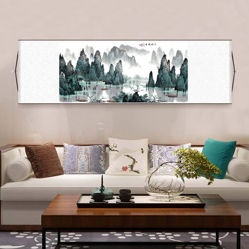 新国风玄关画横幅装裱卷轴创意画《千峰竞秀