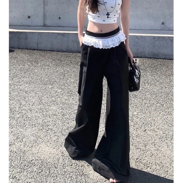 设计感蕾丝拼接黑色休闲裤女装夏季新款小众别致宽松显瘦阔腿长裤