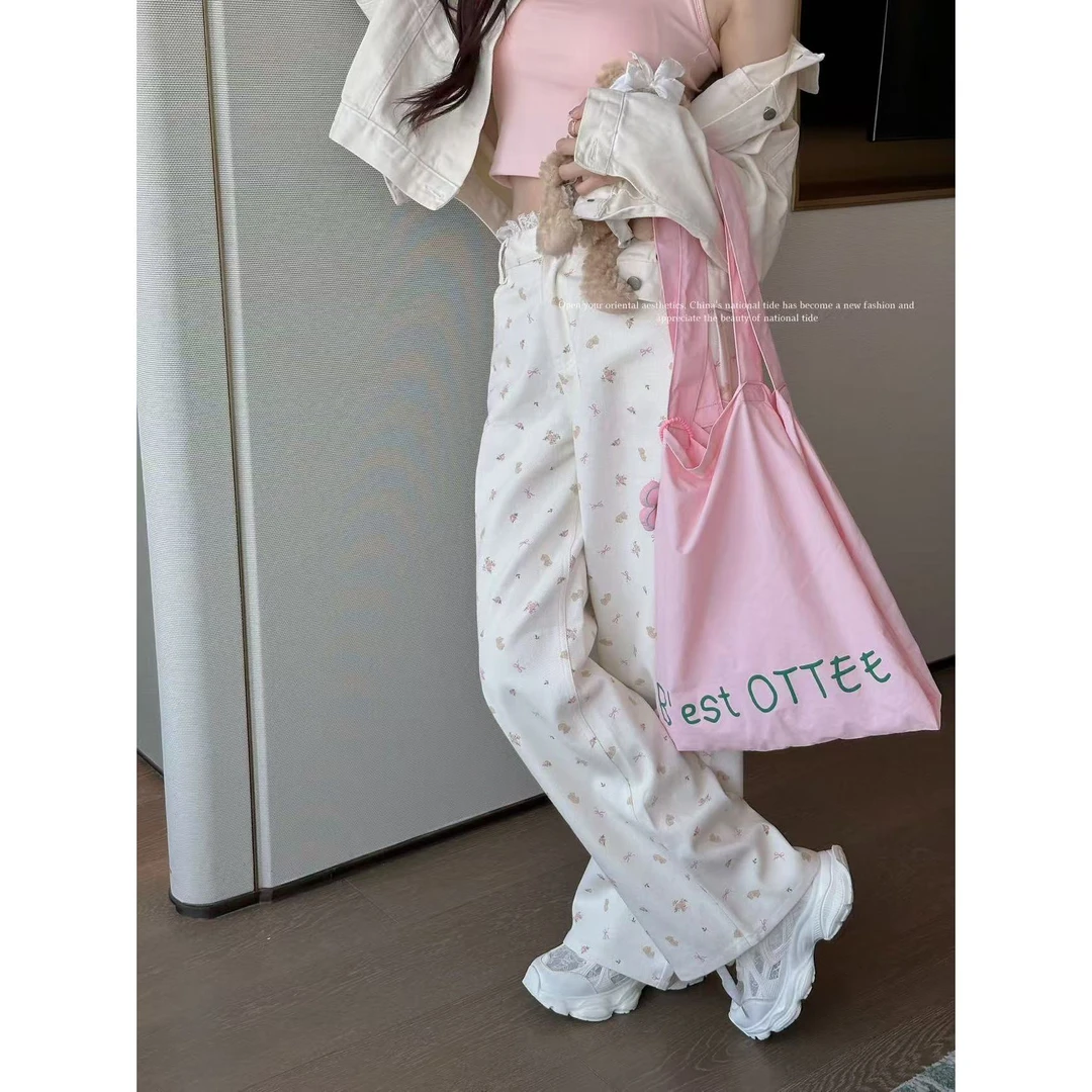 妖精的美美 【奶油樱花】碎花休闲阔腿牛仔裤