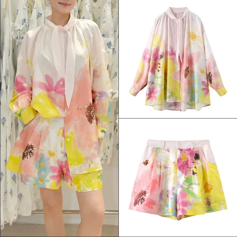 1292油画印花度假风飘带长袖衬衫女2025春夏季新款阔腿短裤女