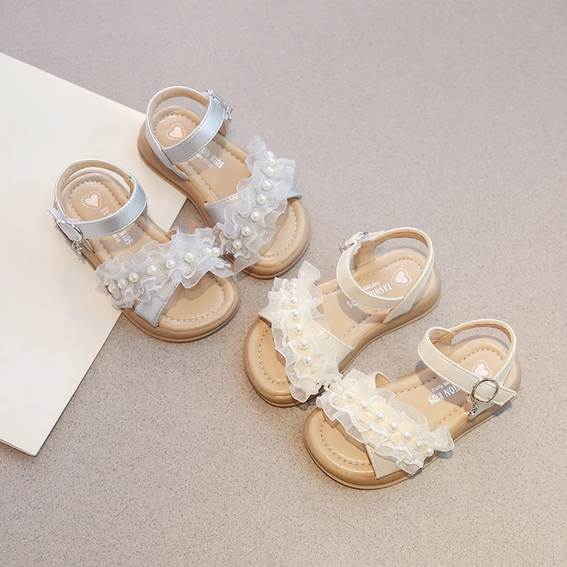 儿童时尚公主凉鞋2025夏季新款女童中小童欧纱珍珠软底宝宝沙滩鞋